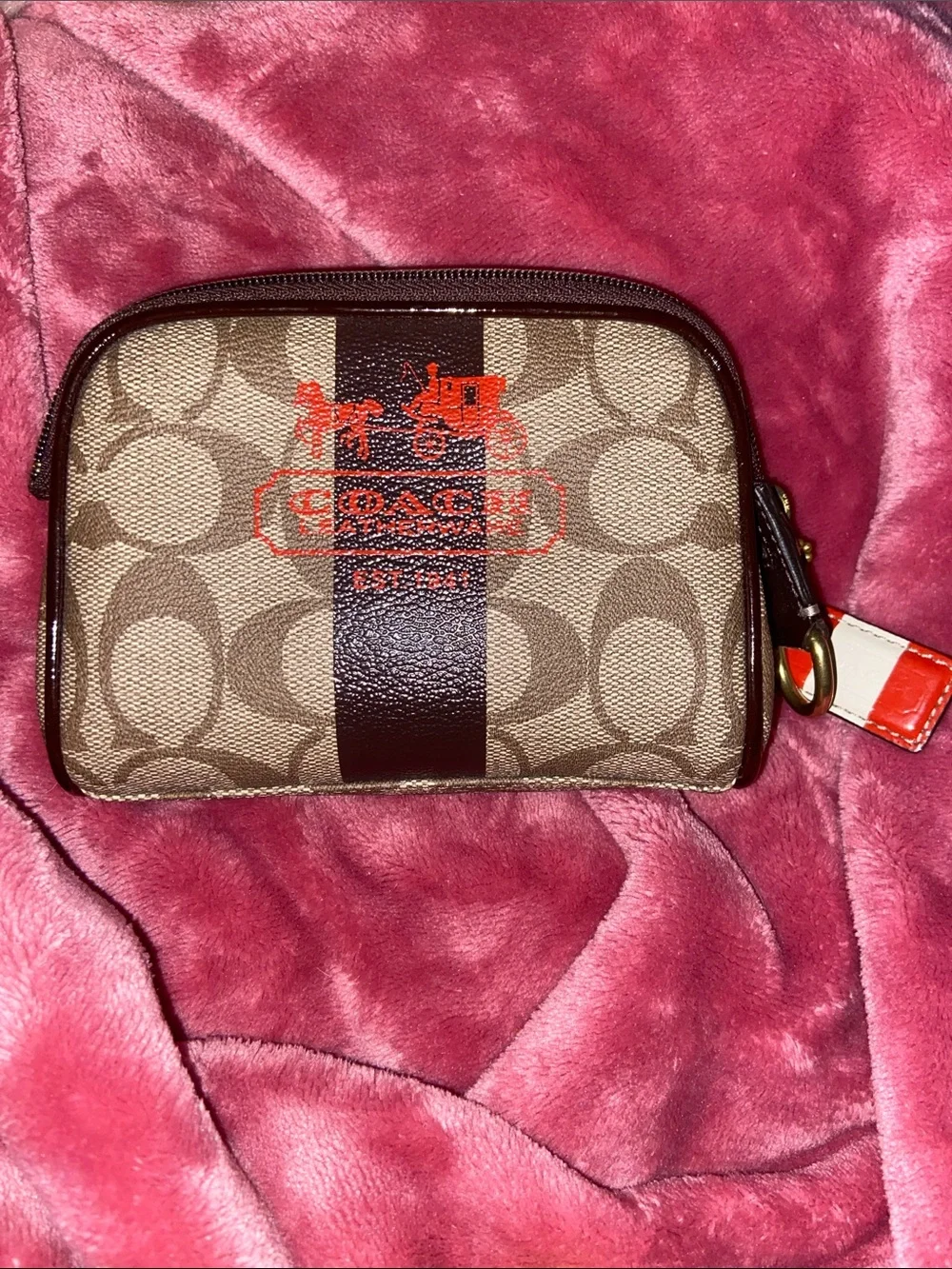 Coach Signature Horse And Carriage Stripe Cosmetic Pouch Tattersall Lining